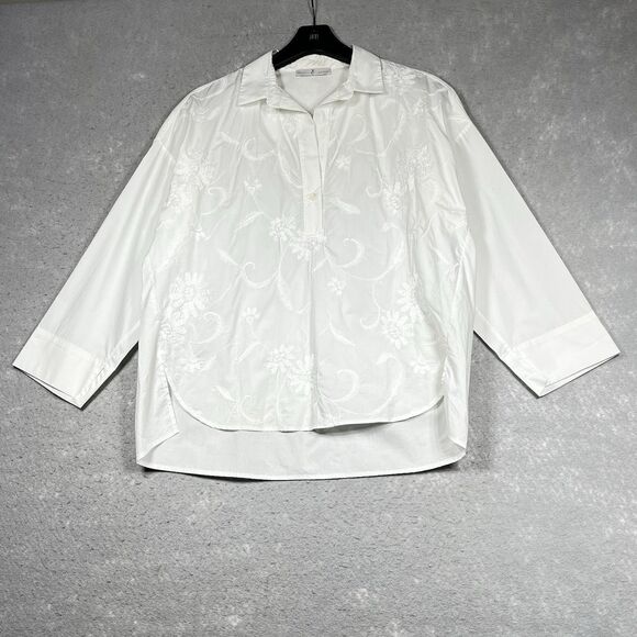 Whyci YC Milano Embroidered Top Sz 42 or Small White 3/4 Sleeve Made In Italy - Picture 2 of 14